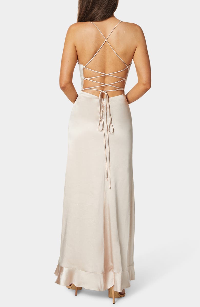bebe Lace-Up Back Ruffle Satin Maxi Dress, Alternate, color, Shell