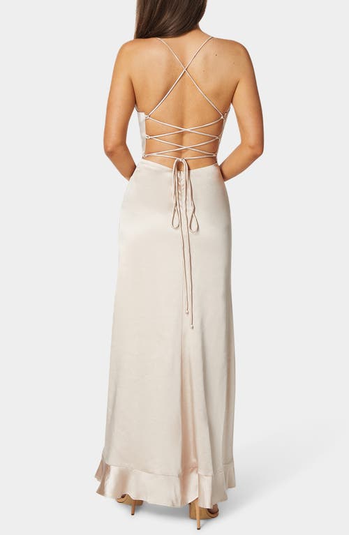 Bebe Lace-up Back Ruffle Satin Maxi Dress In Neutral