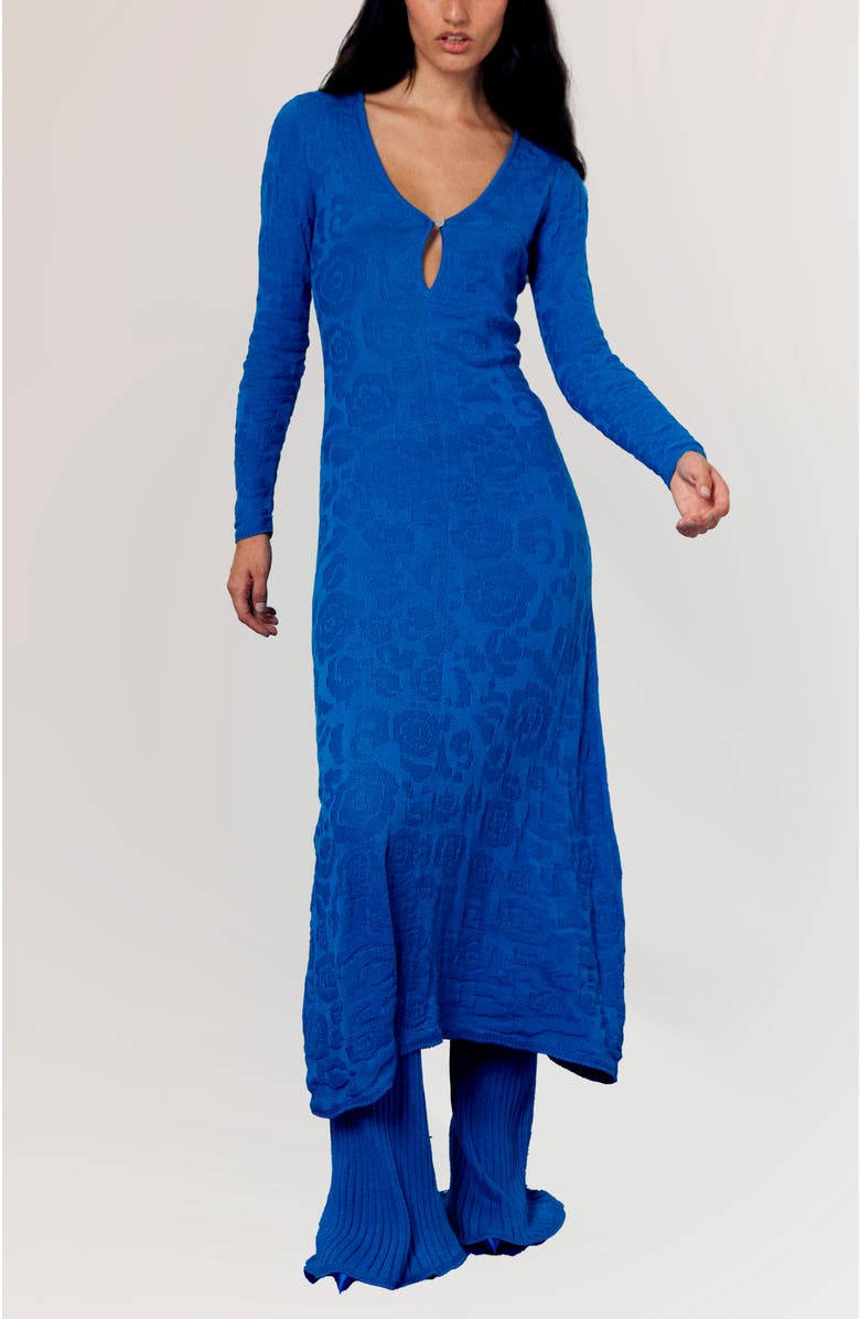 De Loreta Petunia Long Sleeve Cotton Blend Sweater Midi Dress, Main, color, Indigo Flowers