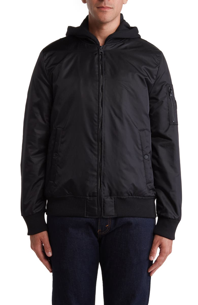 GUESS Fleece Hood Nylon Bomber Jacket, Alternate, color, 