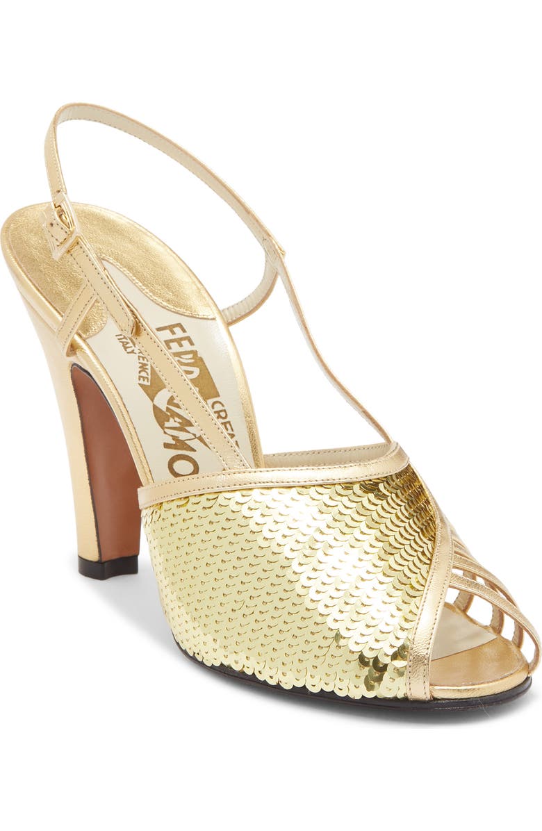 FERRAGAMO Vicever Sequin Slingback Sandal, Main, color, Gold