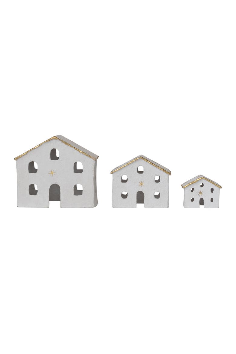 Paper Mache Houses with Gold Foil Stars & Trim, White, Set of 3, Main, color, Gold & White