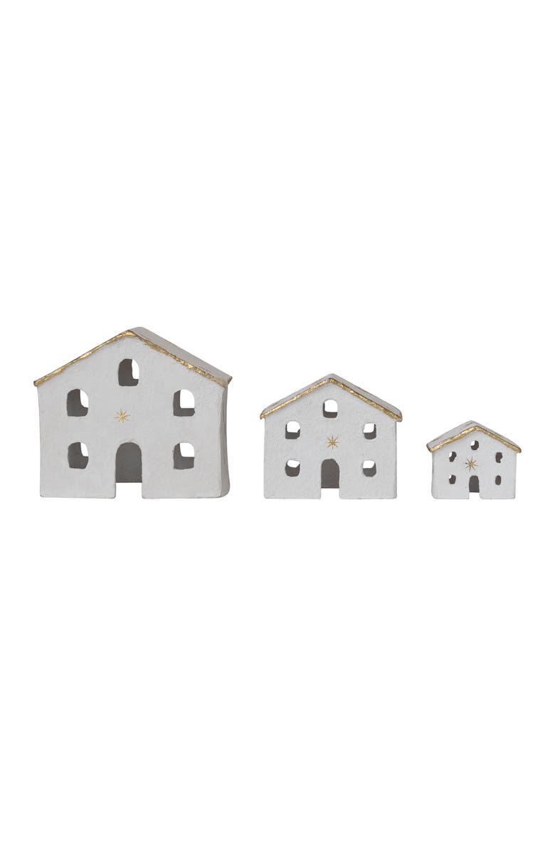 Storied Home 3-Piece Charming Paper Mache Houses with Gold Foil Stars and Trim, White, Main, color, Gold