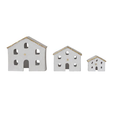 3-Piece Charming Paper Mache Houses with Gold Foil Stars and Trim, White