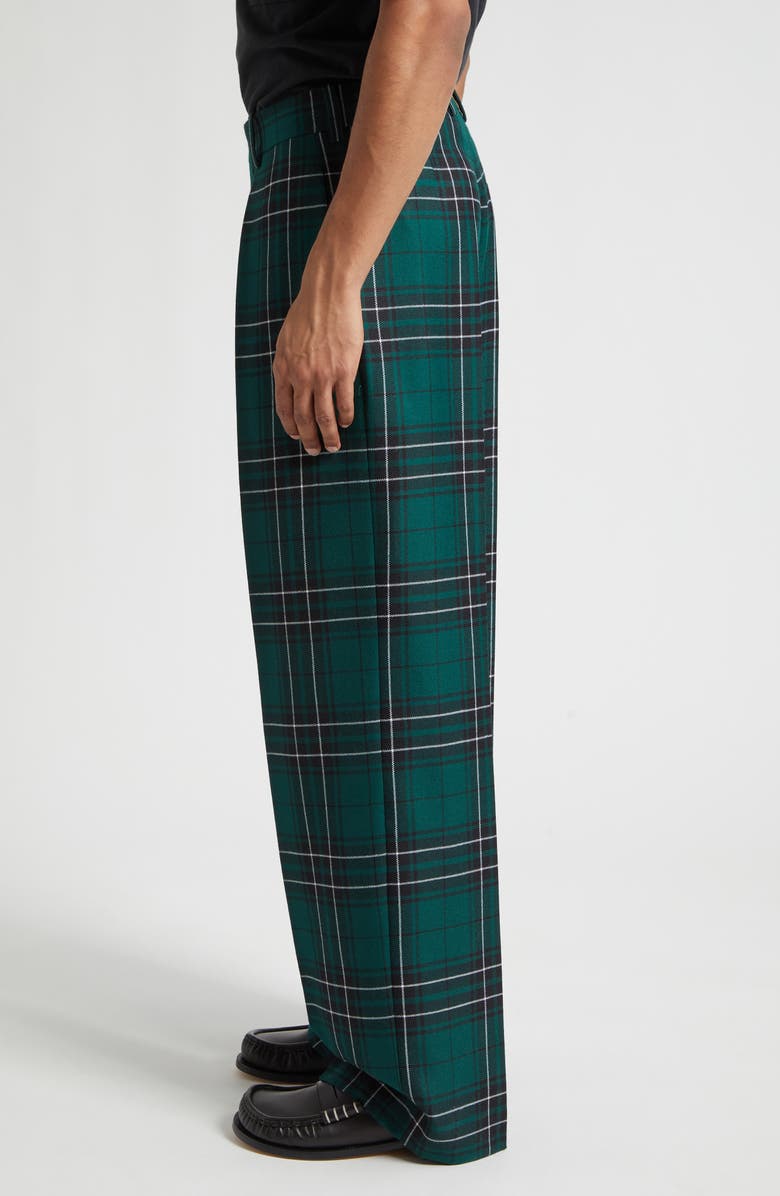 JW Anderson Plaid Pleated Straight Leg Wool Trousers, Alternate, color, Forest Green
