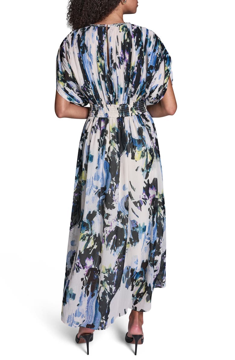 BCBG Abstract Print Plissé Chiffon Midi Dress, Alternate, color, Parchment Multi