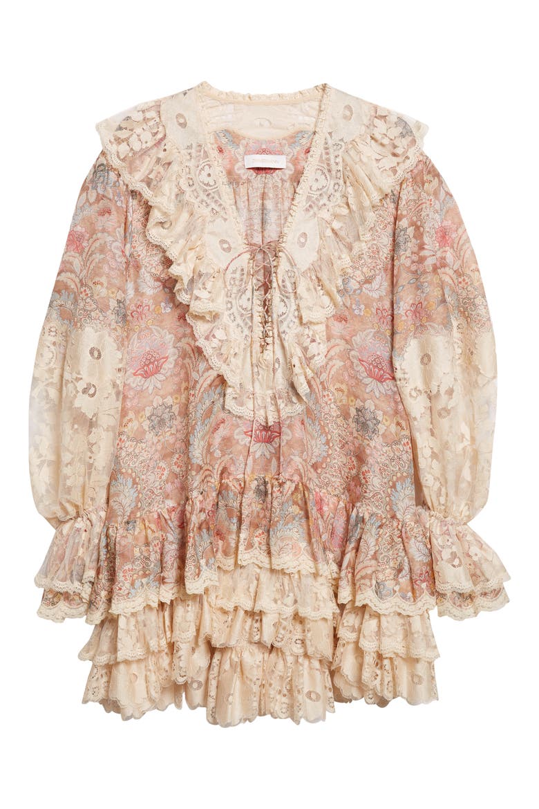 Rebellion Linen & Silk Lace-Up Minidress, Alternate, color, TAN FLORAL