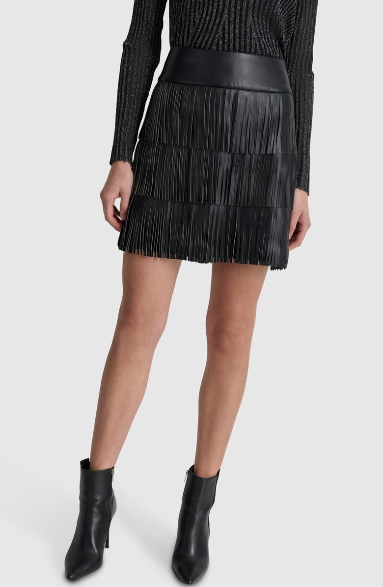 DKNY Tiered Fringe Faux Leather Miniskirt, Main, color, 