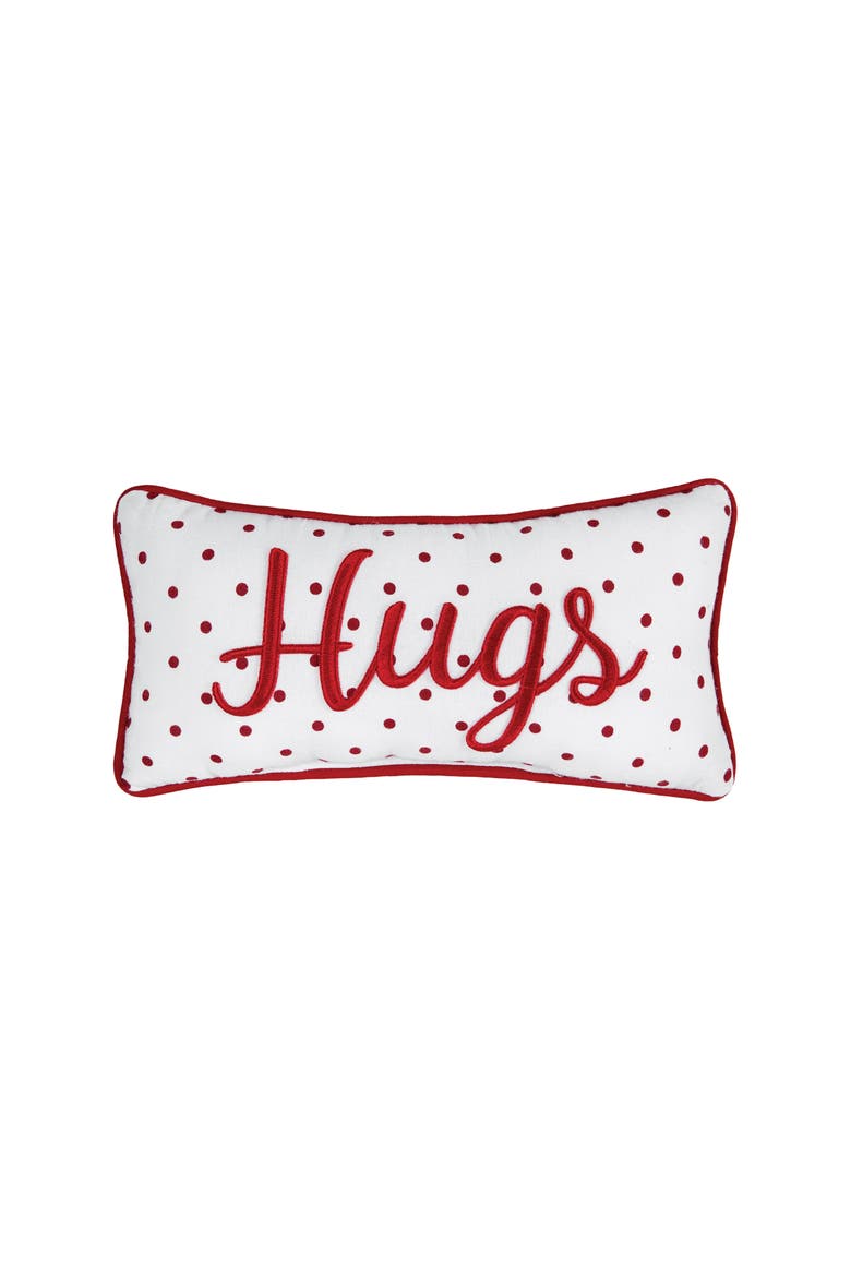 "Hugs" w/ Dots Mini Red Woven Valentine's Day Accent Pillow 6" x 12", Main, color, Red