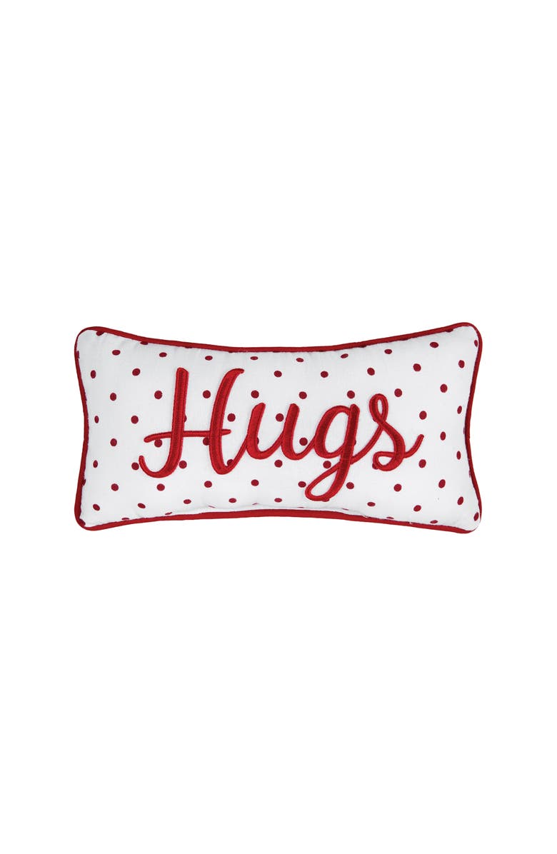C&F Home "Hugs" w/ Dots Mini Red Woven Valentine's Day Accent Pillow 6" x 12", Main, color, Red