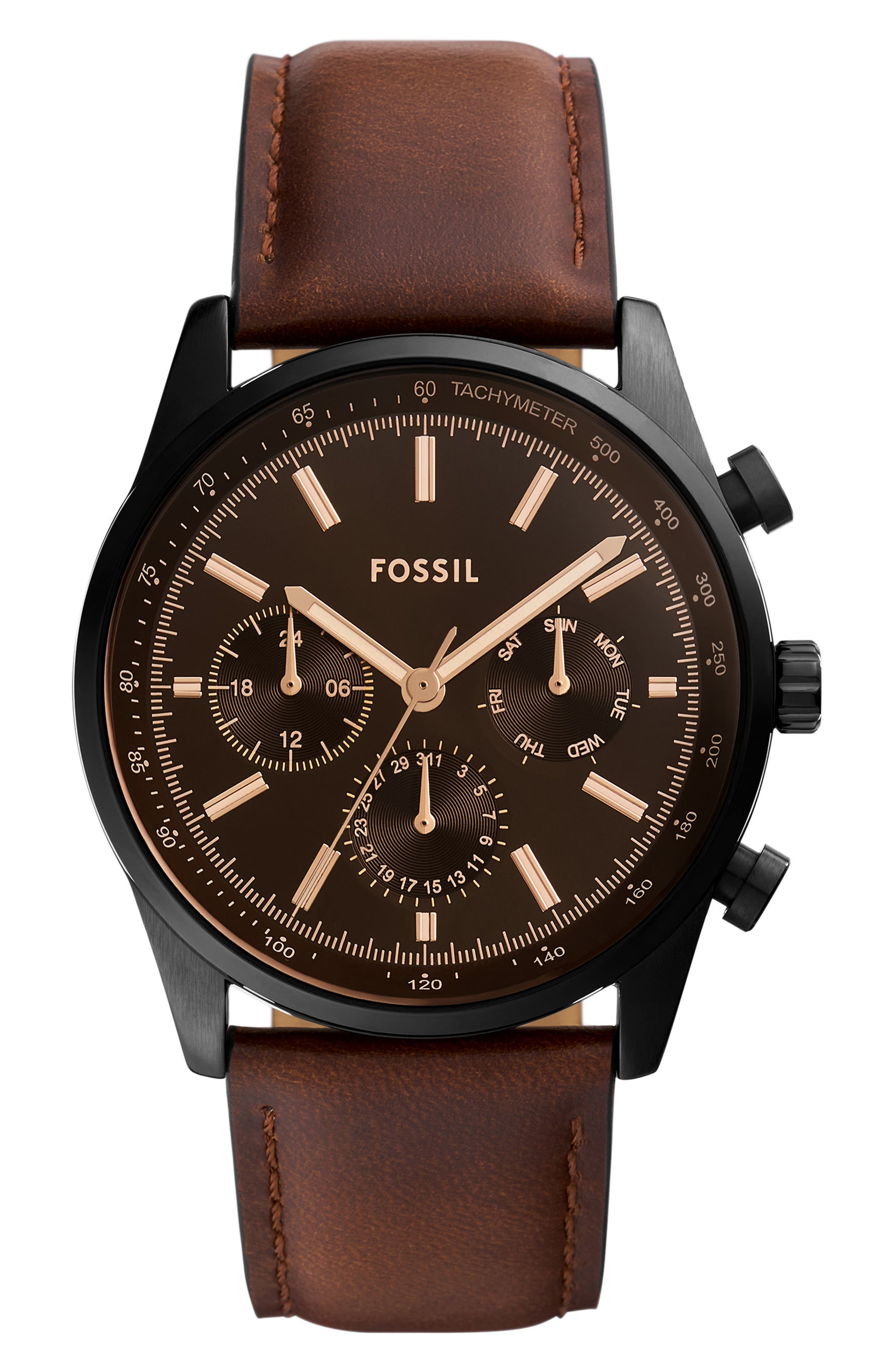 Fossil Sullivan Multifunction Leather Strap Watch, 44mm