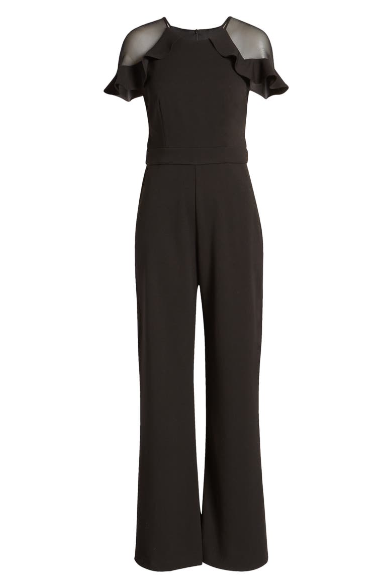 Illusion Ruffle Shoulder Jumpsuit, Alternate, color, BLACK