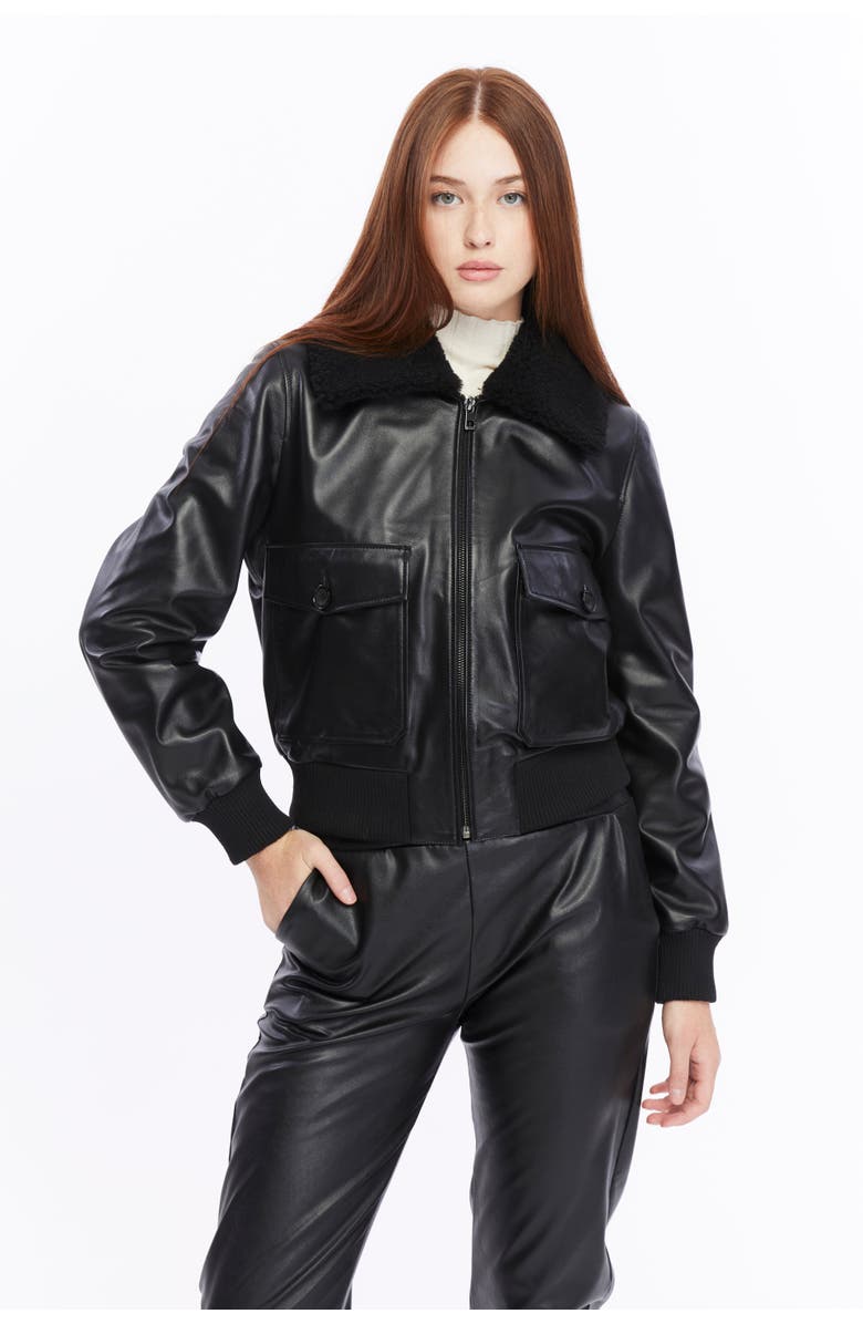 Furniq UK Florence Leather Bomber Jacket, Main, color, Black