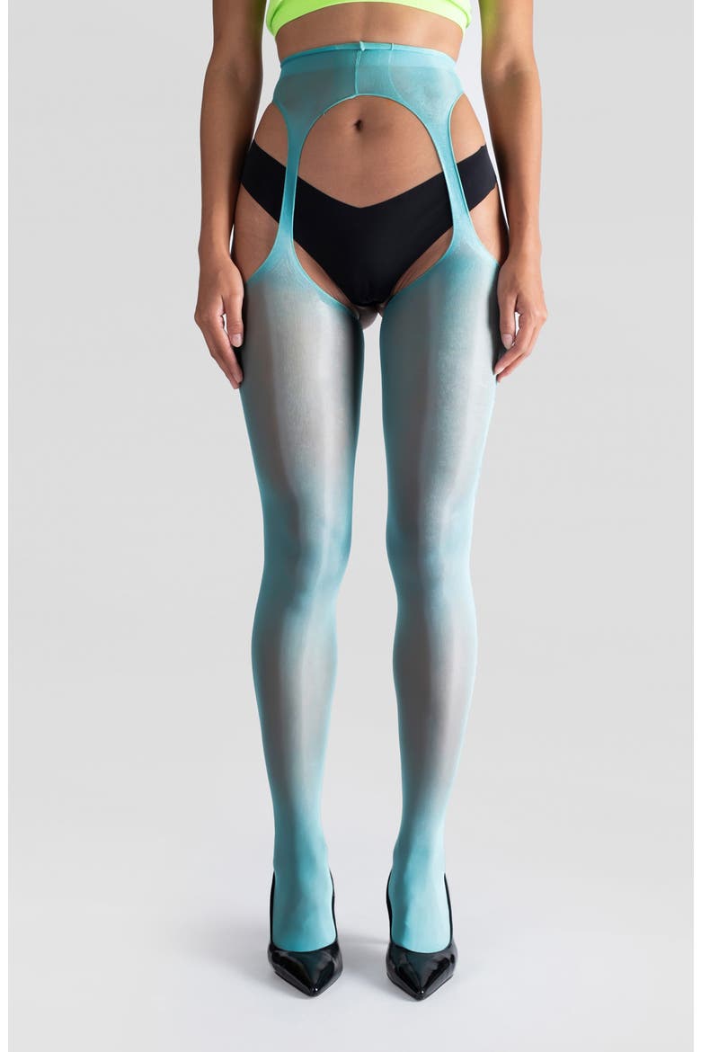 Lustrous Silky Shiny Sheer Suspender Crotchless Tights, Alternate, color, TEAL GREEN