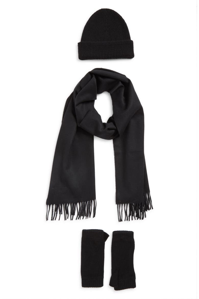 Cashmere Beanie, Scarf & Fingerless Gloves Set, Main, color, BLACK