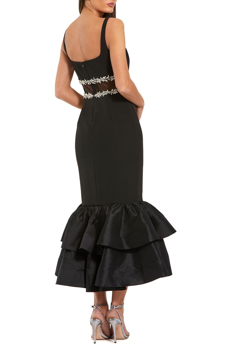 Mac Duggal Petite Crepe Midi Dress with Jewel Detail & Ruffle Hem, Alternate, color, Black