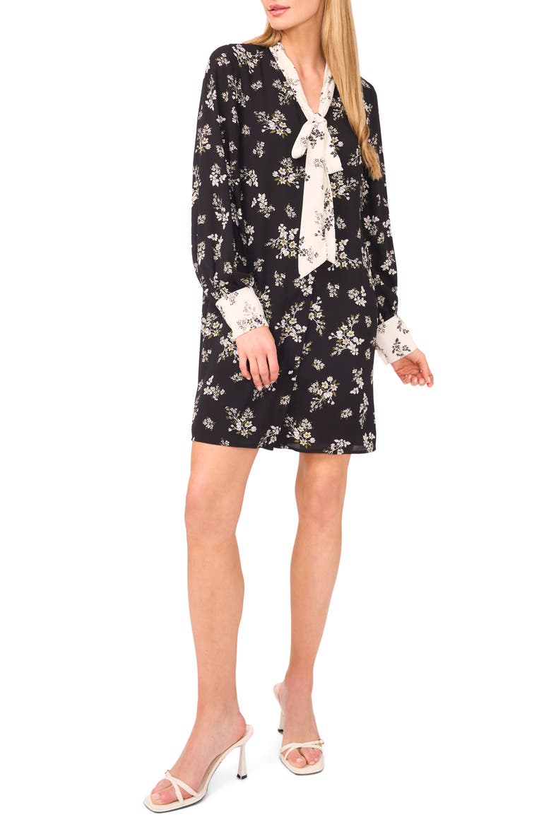 Tie Neck Long Sleeve Shirtdress, Main, color, RICH BLACK