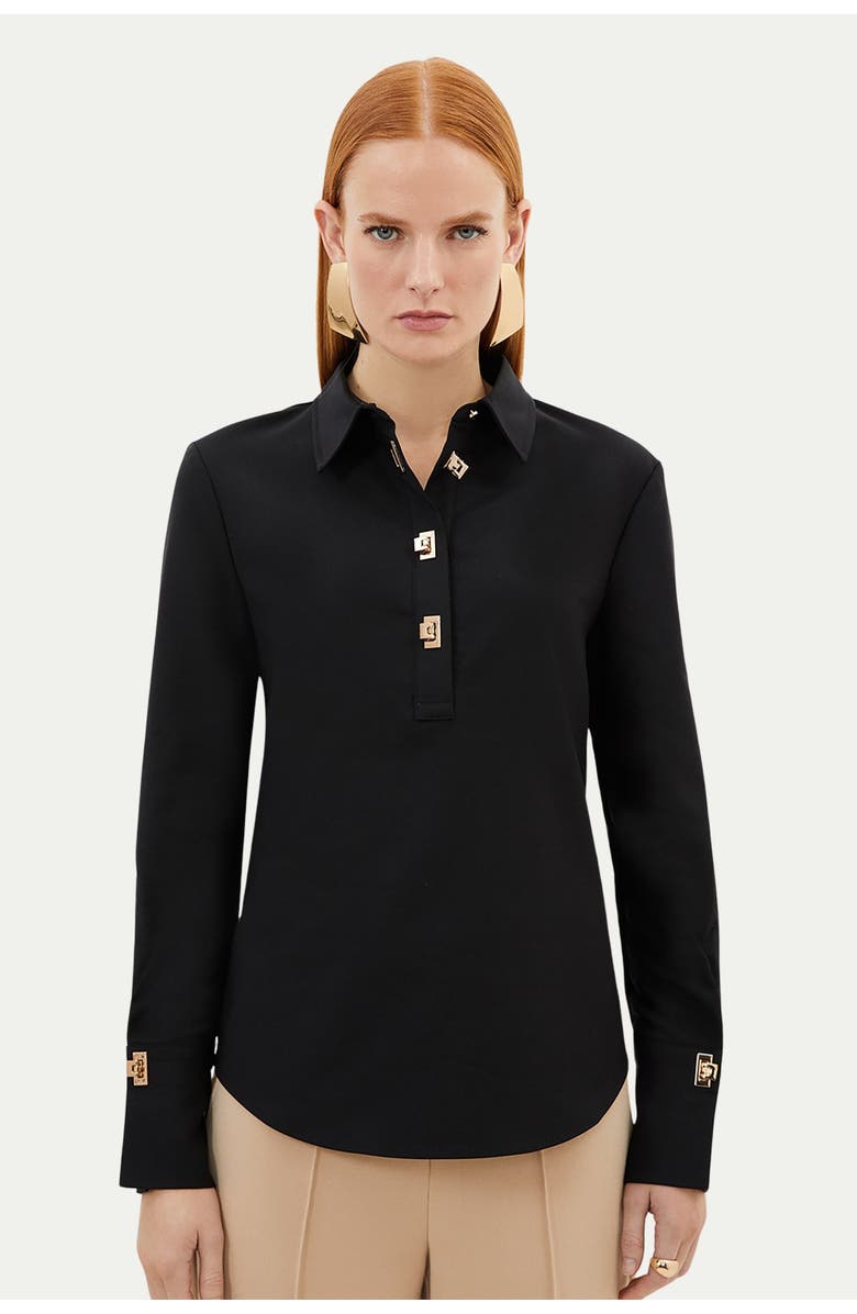 Karen Millen Techno Cotton Gold Clasp Shirt, Main, color, Black