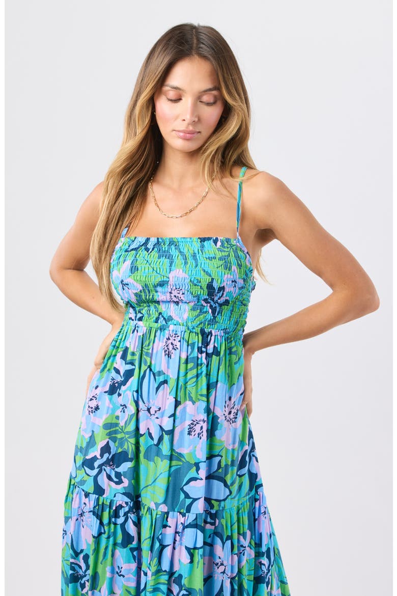 Kailani Floral Smocked Tiered Maxi Dress, Alternate, color, HONDURAS SKY