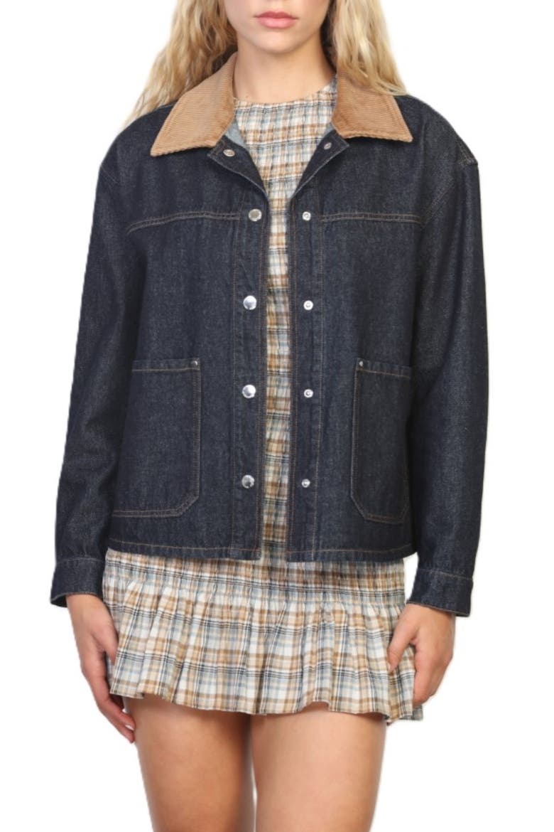 Corduroy Collar Denim Chore Jacket, Main, color, DARK INDIGO