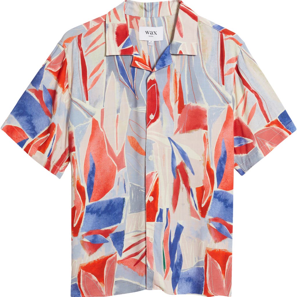 Wax London Didcot Leaf Print Camp Shirt In Blue/pink