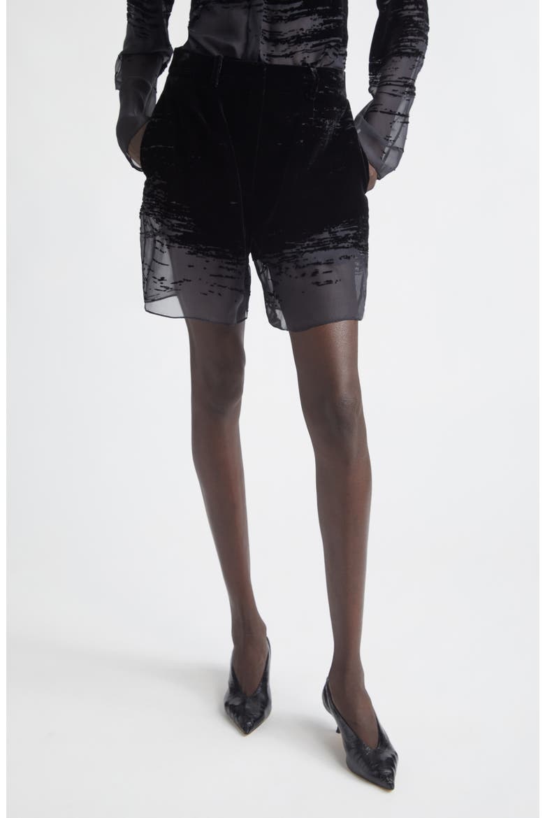 Glitch Devoré Velvet & Sheer Chiffon Shorts, Main, color, BLACK