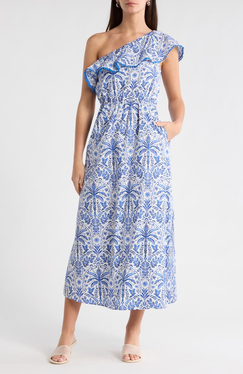 SUGARLIPS Romina Tropical Print One-Shoulder Cotton Dress, Main, color, Blue-White-Multi