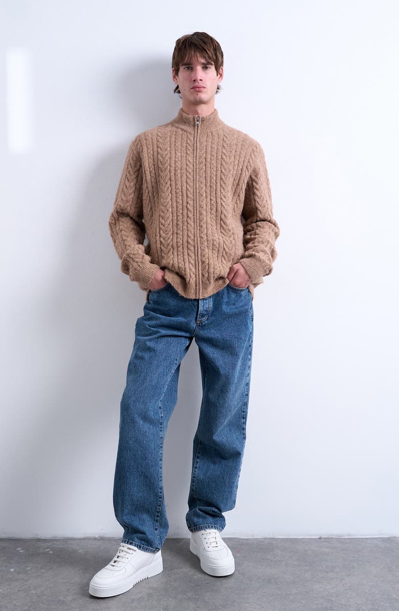 Topman Cable Knit Zip Cardigan, Alternate, color, Tan