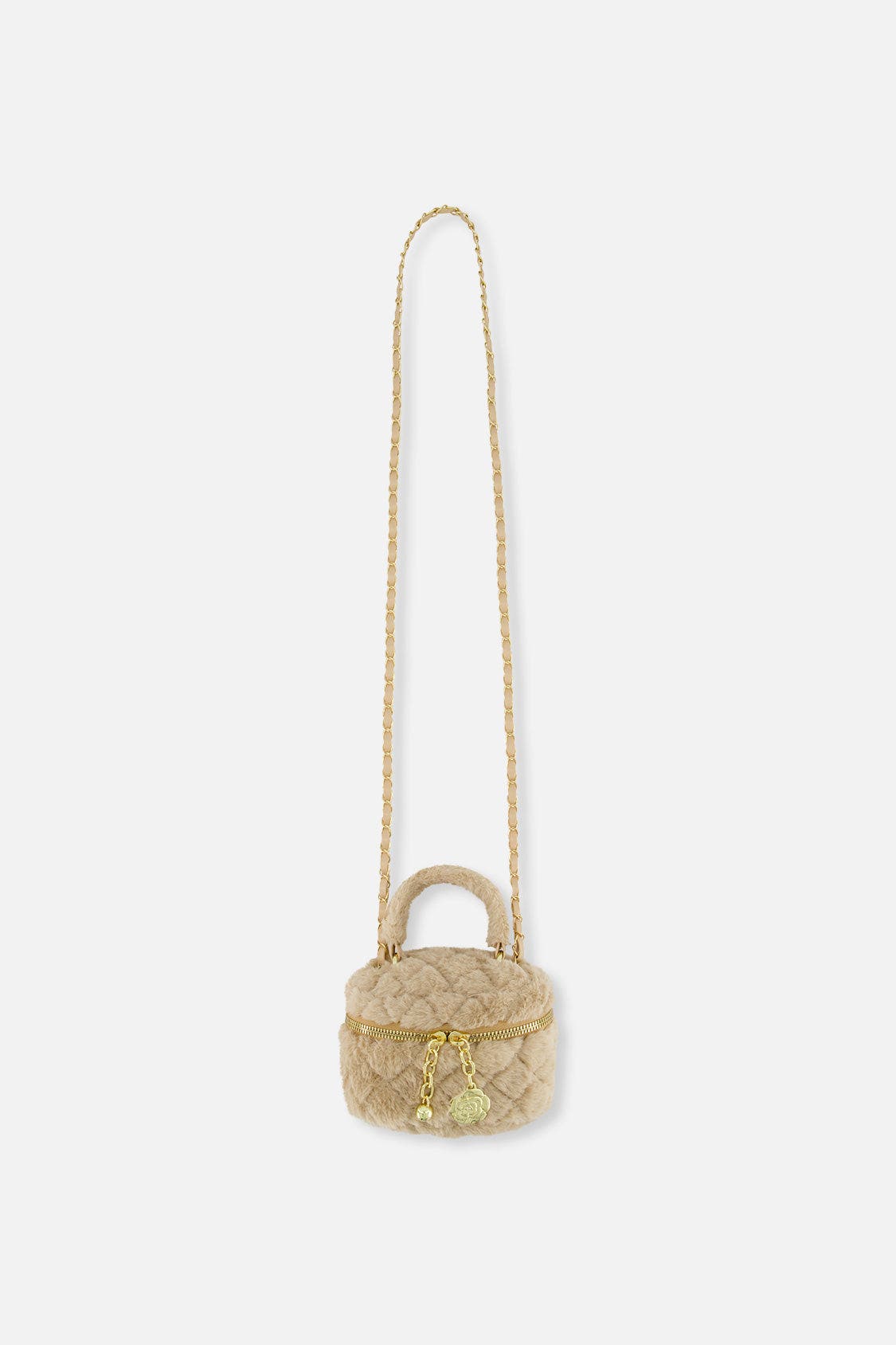 Quilted Faux Fur Chain Strap Zipper Small Bag, Main, color, Beige