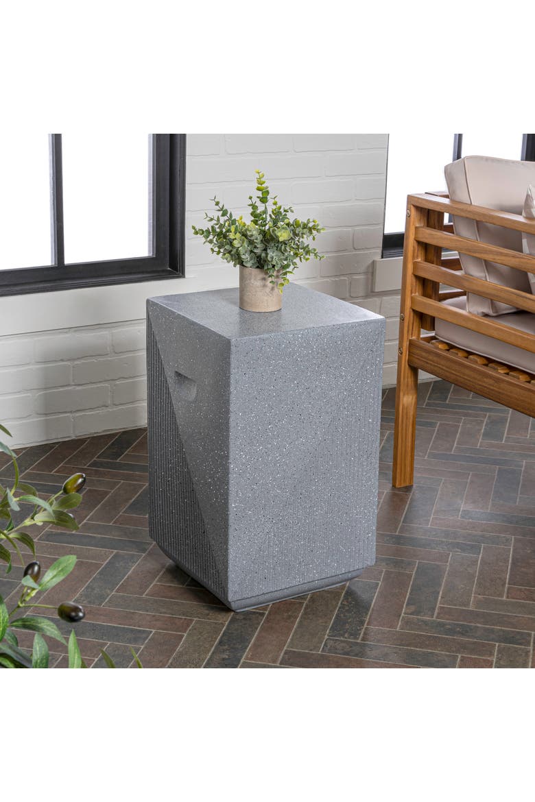 Adrian Modern Durable All-Weather Polyresin Outdoor Accent Side Table & Patio Stool, Geometric Fluted, Alternate, color, Gray Terrazzo