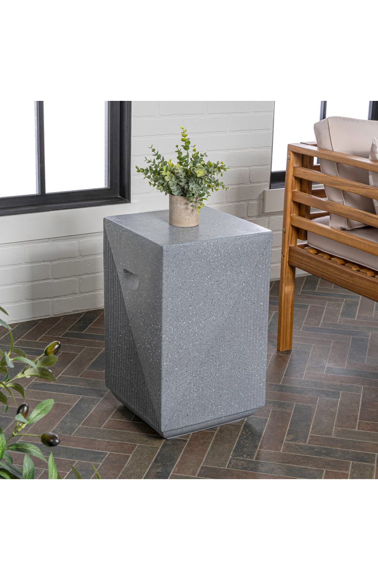 JONATHAN Y Adrian Modern Durable All-Weather Polyresin Outdoor Accent Side Table & Patio Stool, Geometric Fluted, Alternate, color, Gray Terrazzo