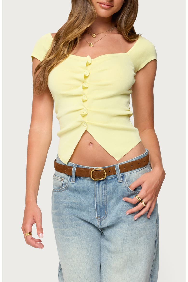 Lilibet Ruffle Placket Button-Up Knit Top, Main, color, YELLOW