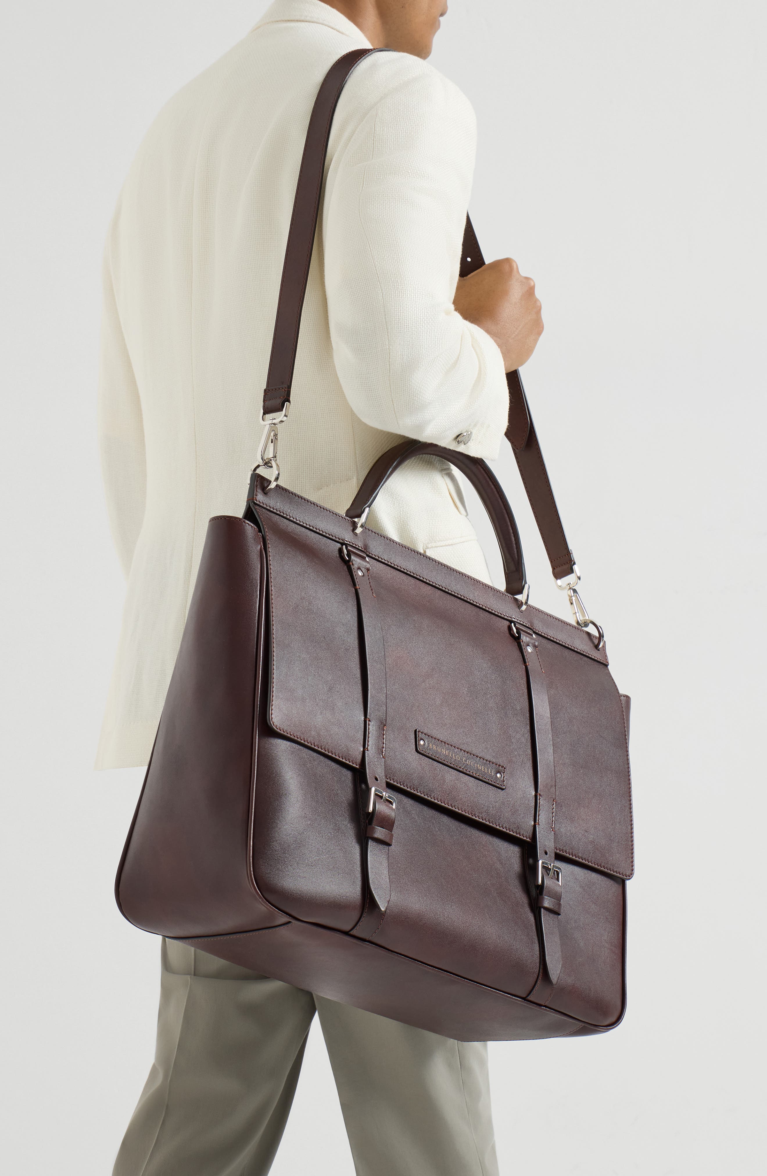 Brunello Cucinelli Calfskin casual briefcase, Alternate, color, Burgundy