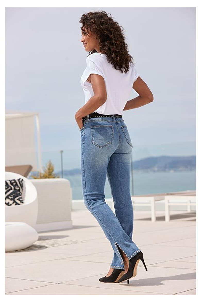 Women's Embellished Split Hem Jeans, Alternate, color, Medium Wash