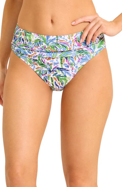 Poolside Palms Ruched High Waist Bikini Bottoms