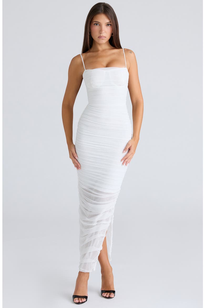 Fornarina Ruched Mesh Maxi Dress, Alternate, color, WHITE