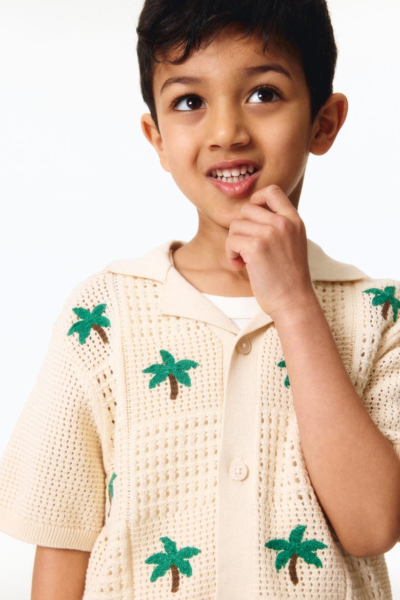 Pointelle-knit Resort Shirt, Alternate, color, Cream/palm trees