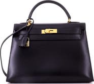 Pre-Owned Hermes Kelly Handbag Black Box Calf with Gold Hardware 32