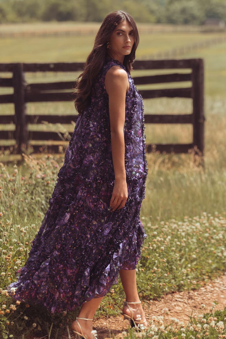 Sleeveless Floral Print Chiffon Micro Ruffle Gown, Alternate, color, Purple Multi