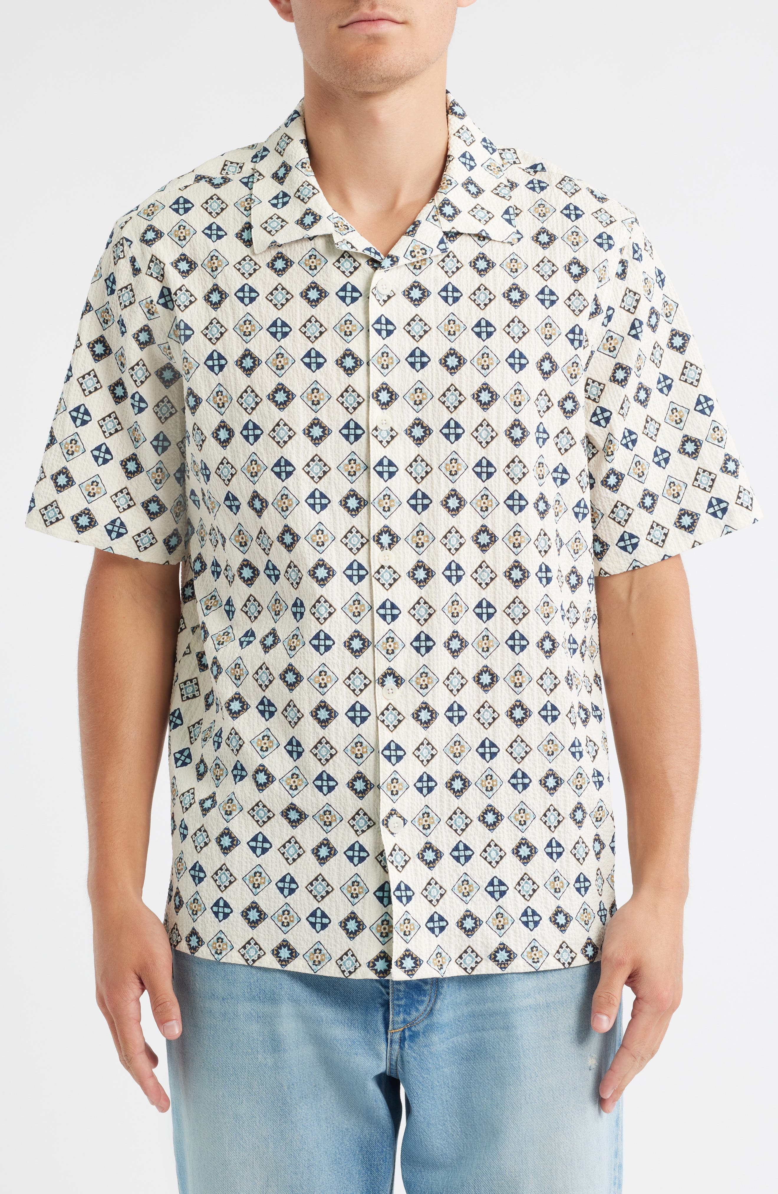 Wax London Didcot Geo Tile Print Stretch Seersucker Camp Shirt