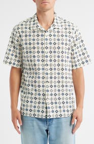 Wax London Didcot Geo Tile Print Stretch Seersucker Camp Shirt