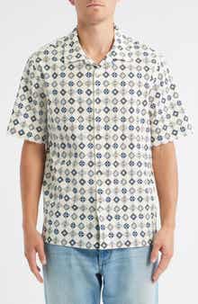 Wax London Didcot Geo Tile Print Stretch Seersucker Camp Shirt