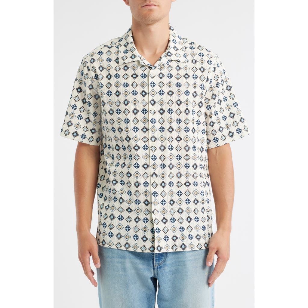 Wax London Didcot Geo Tile Print Stretch Seersucker Camp Shirt in Ecru /Multi  product