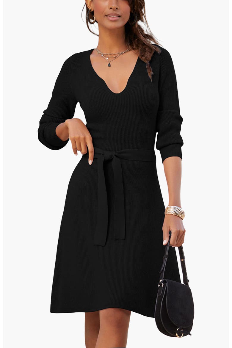 V-Neck Belted Sweater Dress, Main, color, Black