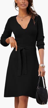LASCANA V-Neck Belted Sweater Dress