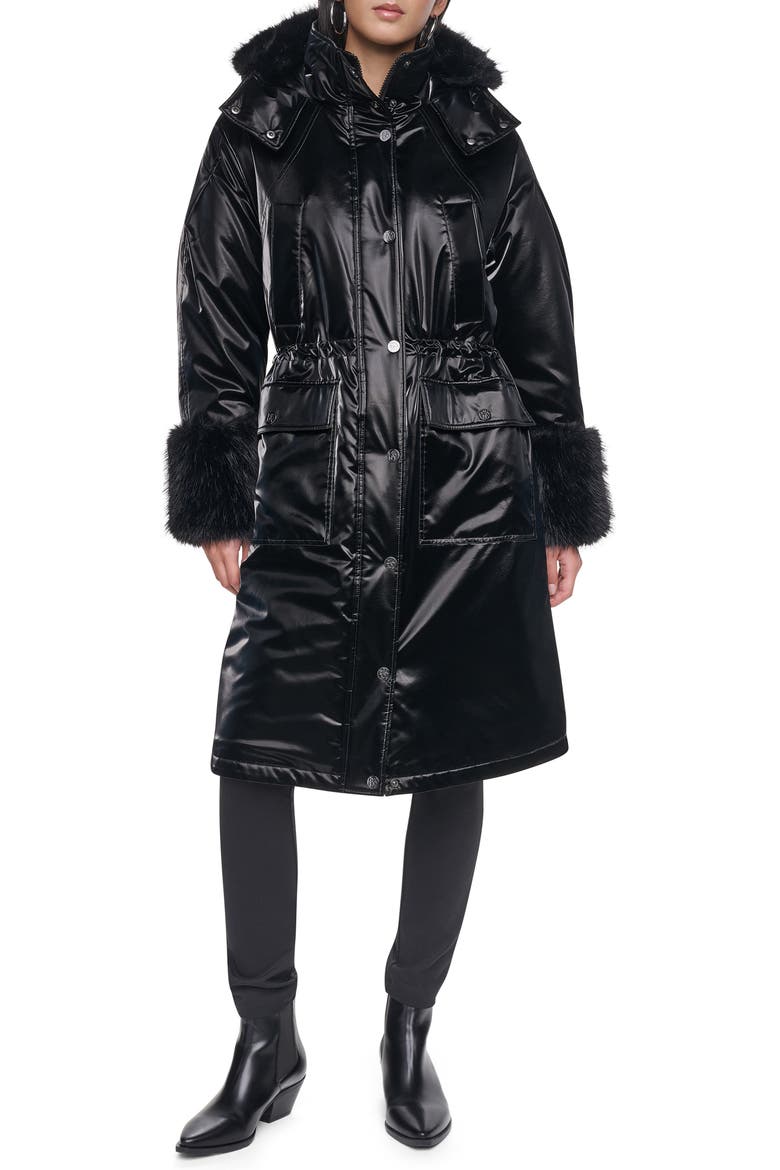 Faux Fur Cuff Nylon Velvet Puffer Coat, Main, color, BLACK