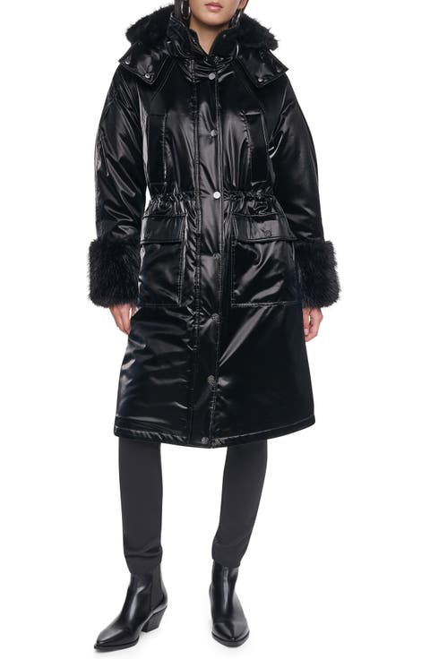 Faux Fur Cuff Nylon Velvet Puffer Coat