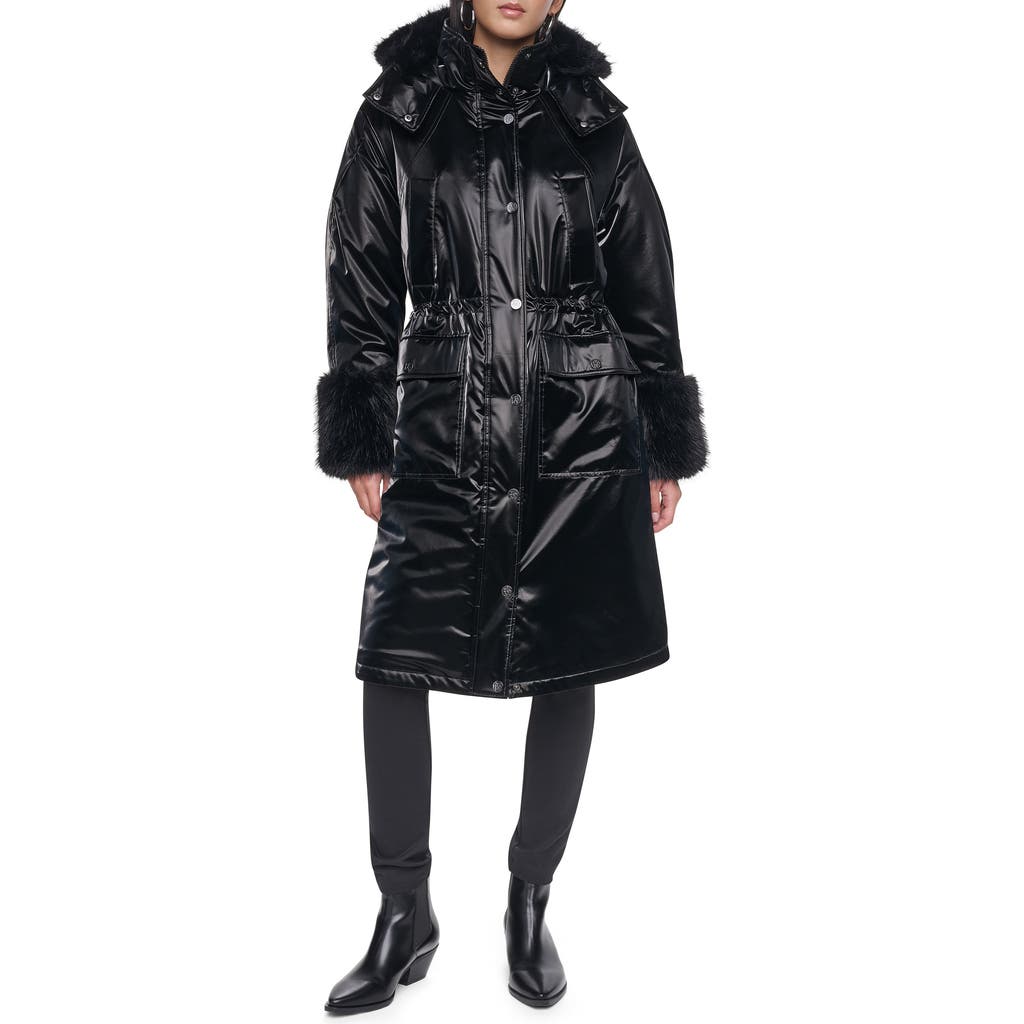 DKNY Faux Fur Cuff Nylon Velvet Puffer Coat in Black at Nordstrom, Size Medium