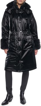 DKNY Faux Fur Cuff Nylon Velvet Puffer Coat