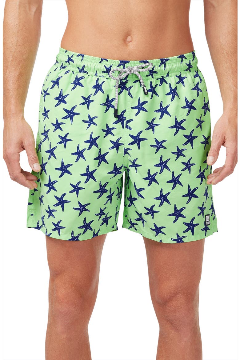 Starfish Print Swim Trunks, Main, color, FRESH GREEN/ BLUE